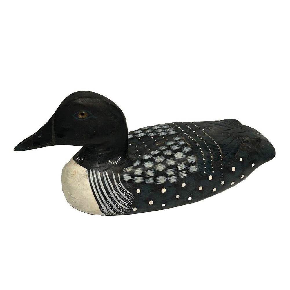 Vintage Hand Carved Solid Wood Loon Decoy Glass Eyes Price Products Black White